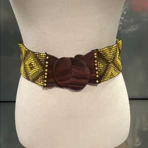 Anthropologie Yellow Beaded Belt with Wooden Buckle